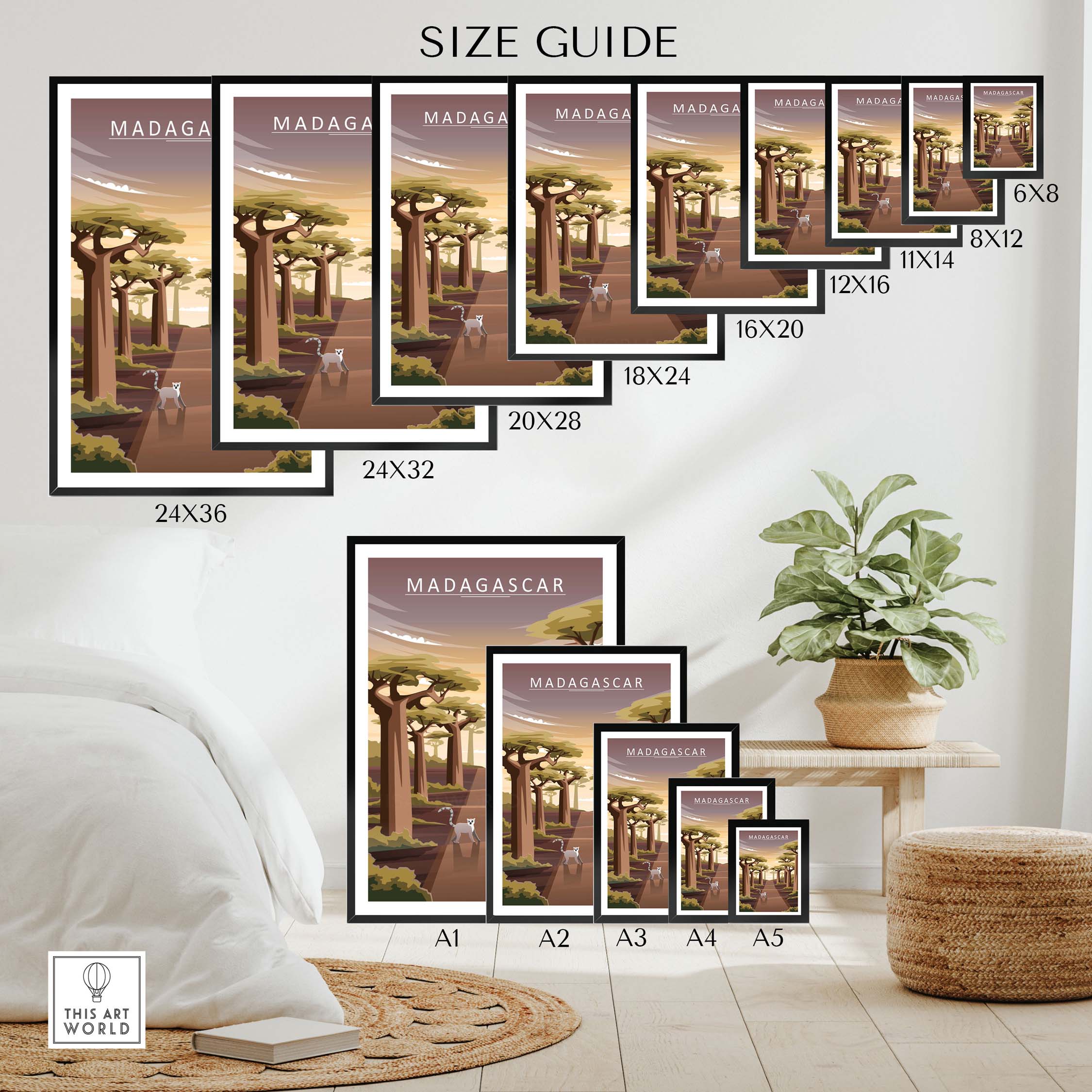 Size guide for Madagascar Print featuring Avenue of the Baobabs in various frame sizes.