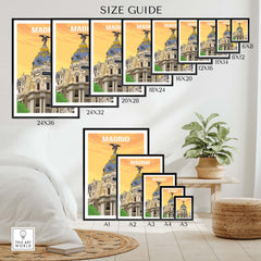 Size guide for Madrid vintage print poster wall art showing various frame sizes and placement in a stylish home setting.