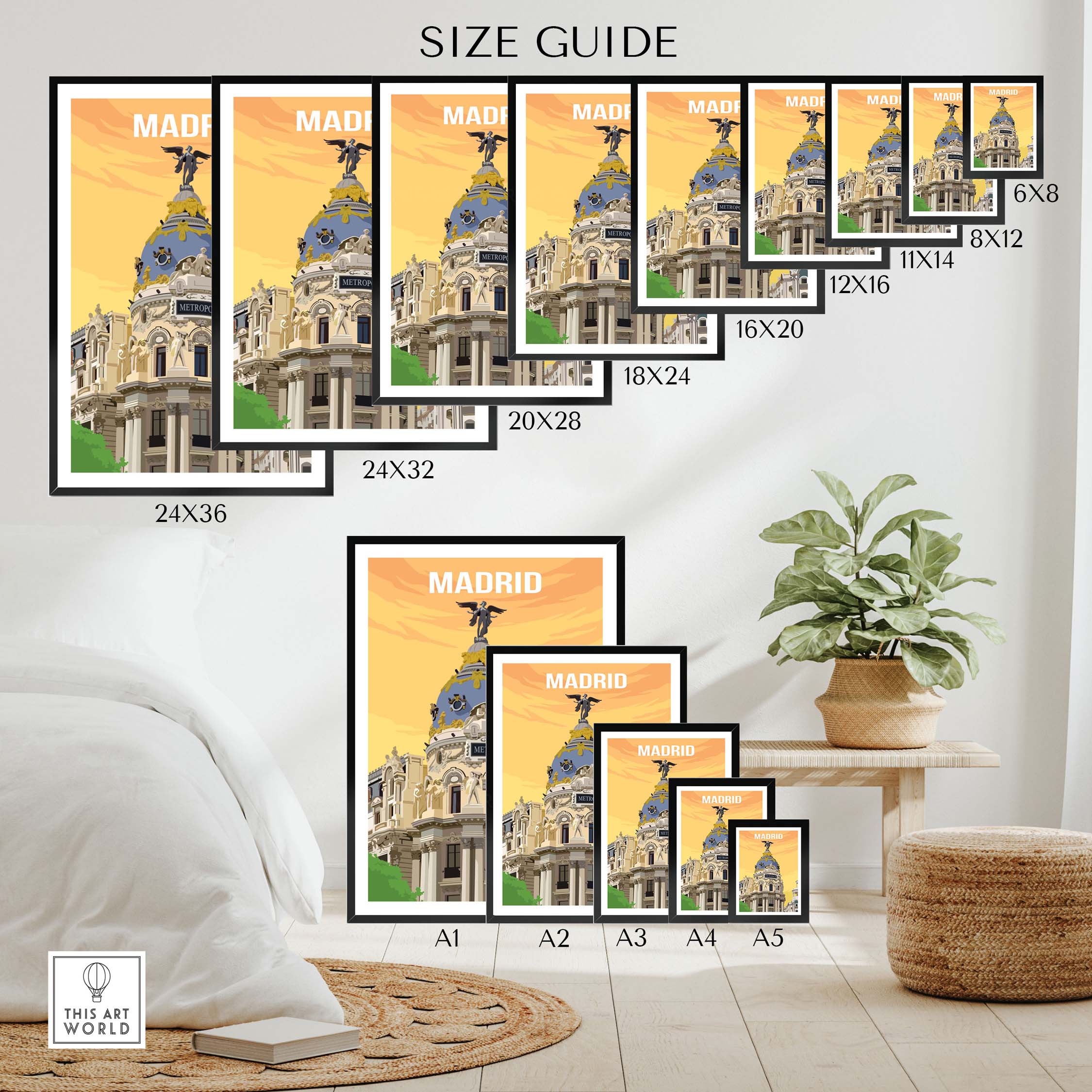 Size guide for Madrid vintage print poster wall art showing various frame sizes and placement in a stylish home setting.