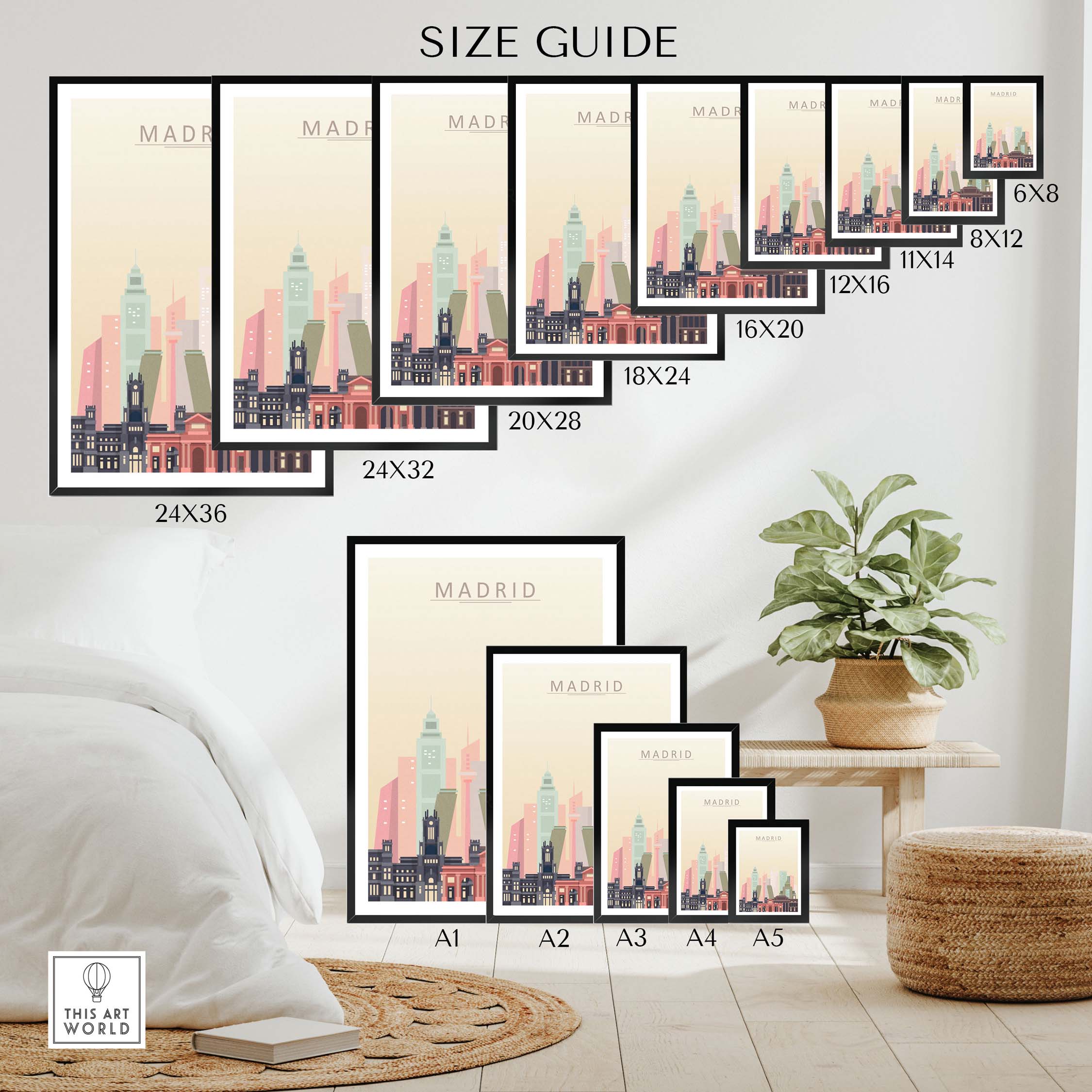 Size guide for Madrid Skyline Print showing multiple frame sizes and styles for wall art display.