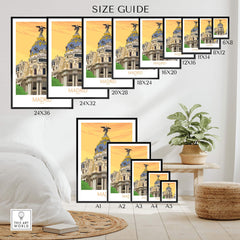 Size guide for Madrid Print Spain Poster showing various frame sizes and stylish design for home decor.