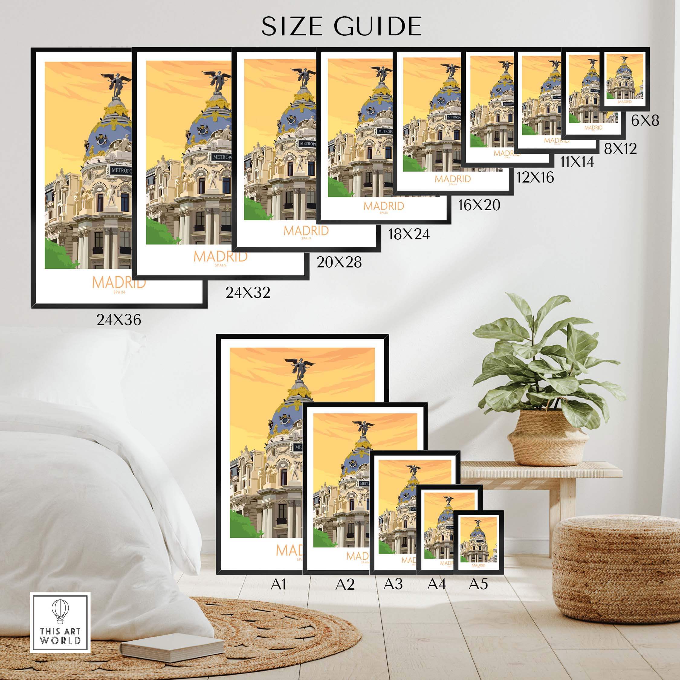 Size guide for Madrid Print Spain Poster showing various frame sizes and stylish design for home decor.