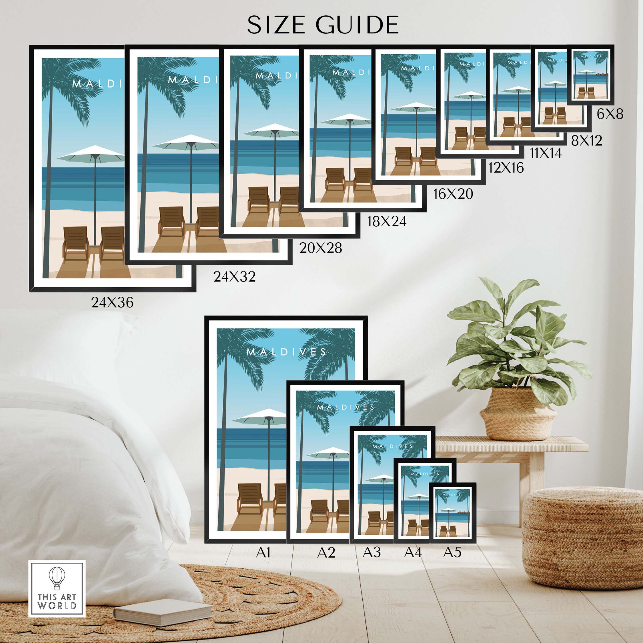 Maldives poster size guide featuring various frame sizes against a stylish decor background.