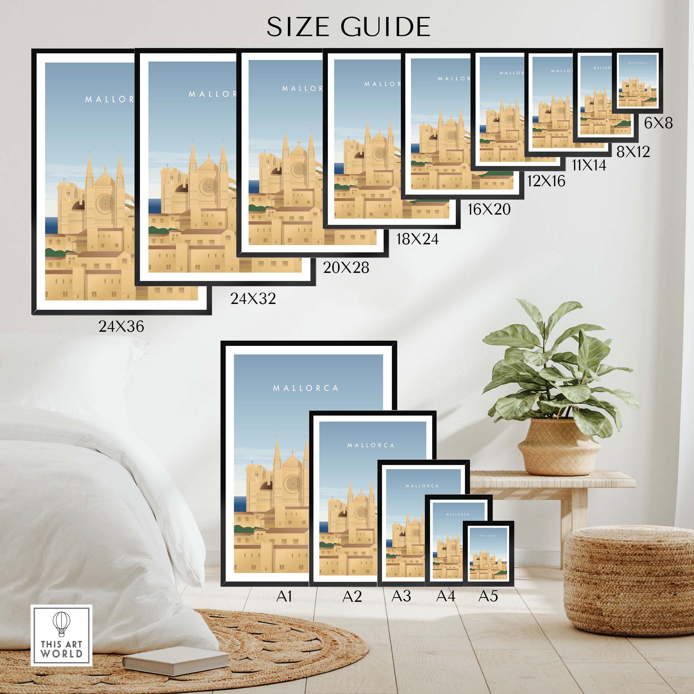 Size guide for Mallorca Wall Art Posters showing various frame sizes and styles in a stylish home setting.