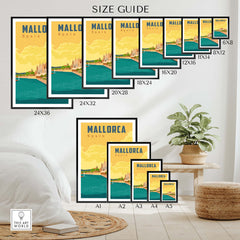 Size guide for Mallorca Spain print with various frame sizes and vibrant vintage artwork displayed in a stylish setting.