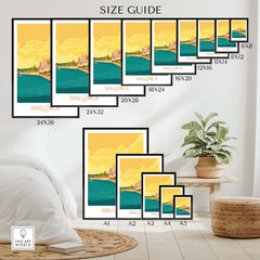 Mallorca Poster Spain size guide showcasing various frame sizes for stylish wall art inspired by vintage travel posters.