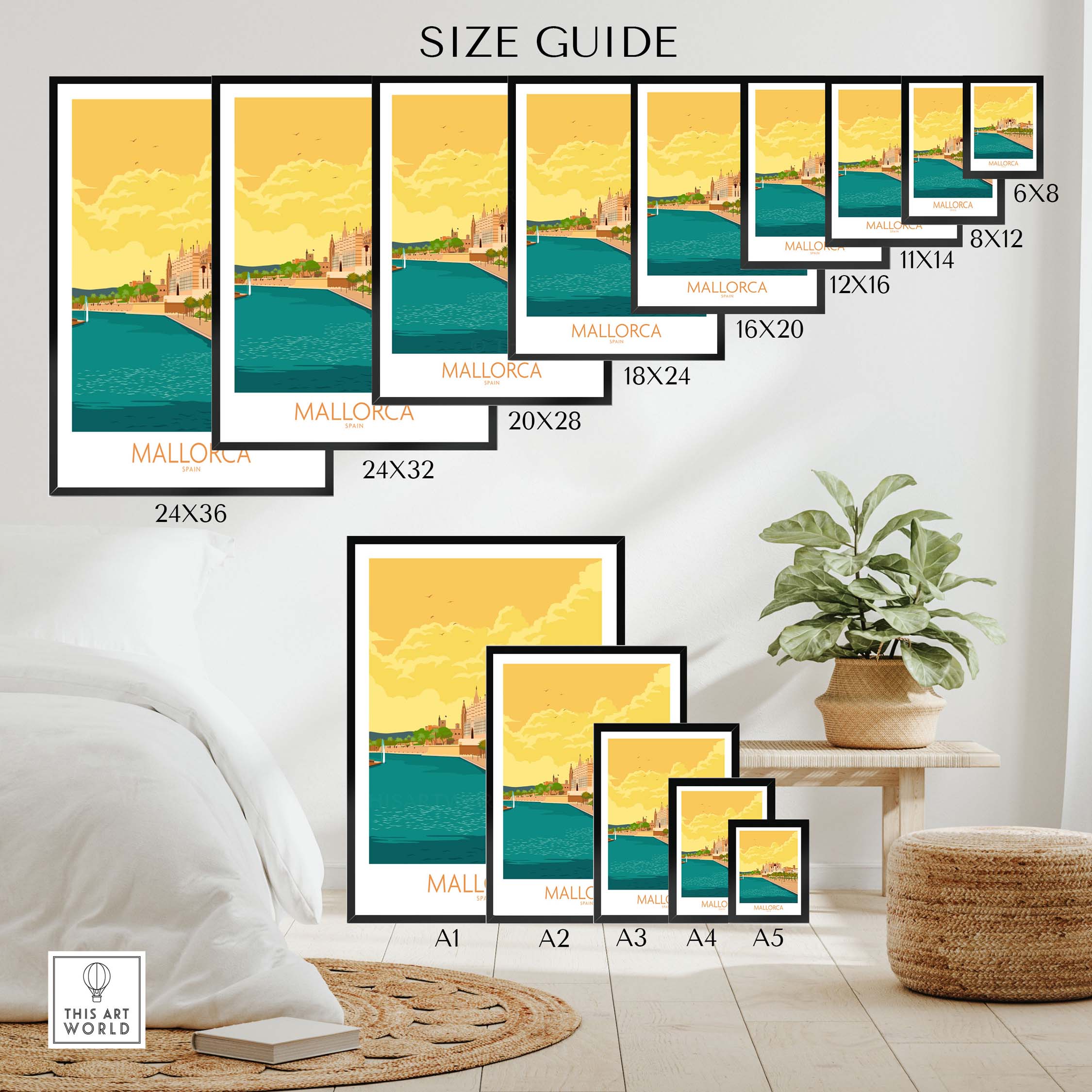 Mallorca Poster Spain size guide showcasing various frame sizes for stylish wall art inspired by vintage travel posters.