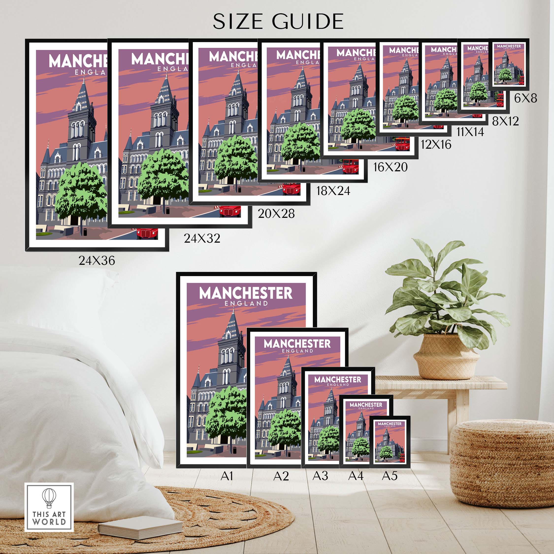 Size guide for Manchester Poster Print showcasing various dimensions and framed styles for home decor.