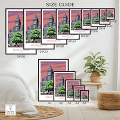 Size guide for Manchester Art Print showcasing various frame sizes and styles in a stylish interior setting.
