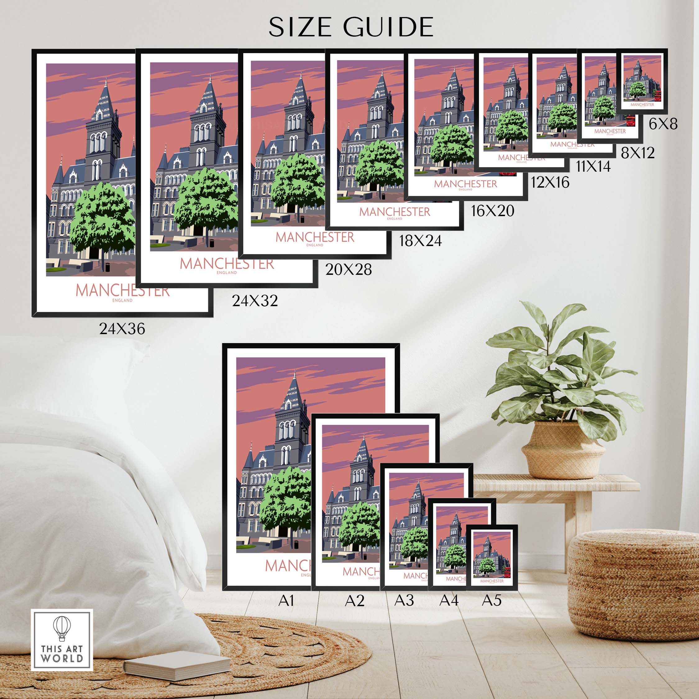 Size guide for Manchester Art Print showcasing various frame sizes and styles in a stylish interior setting.