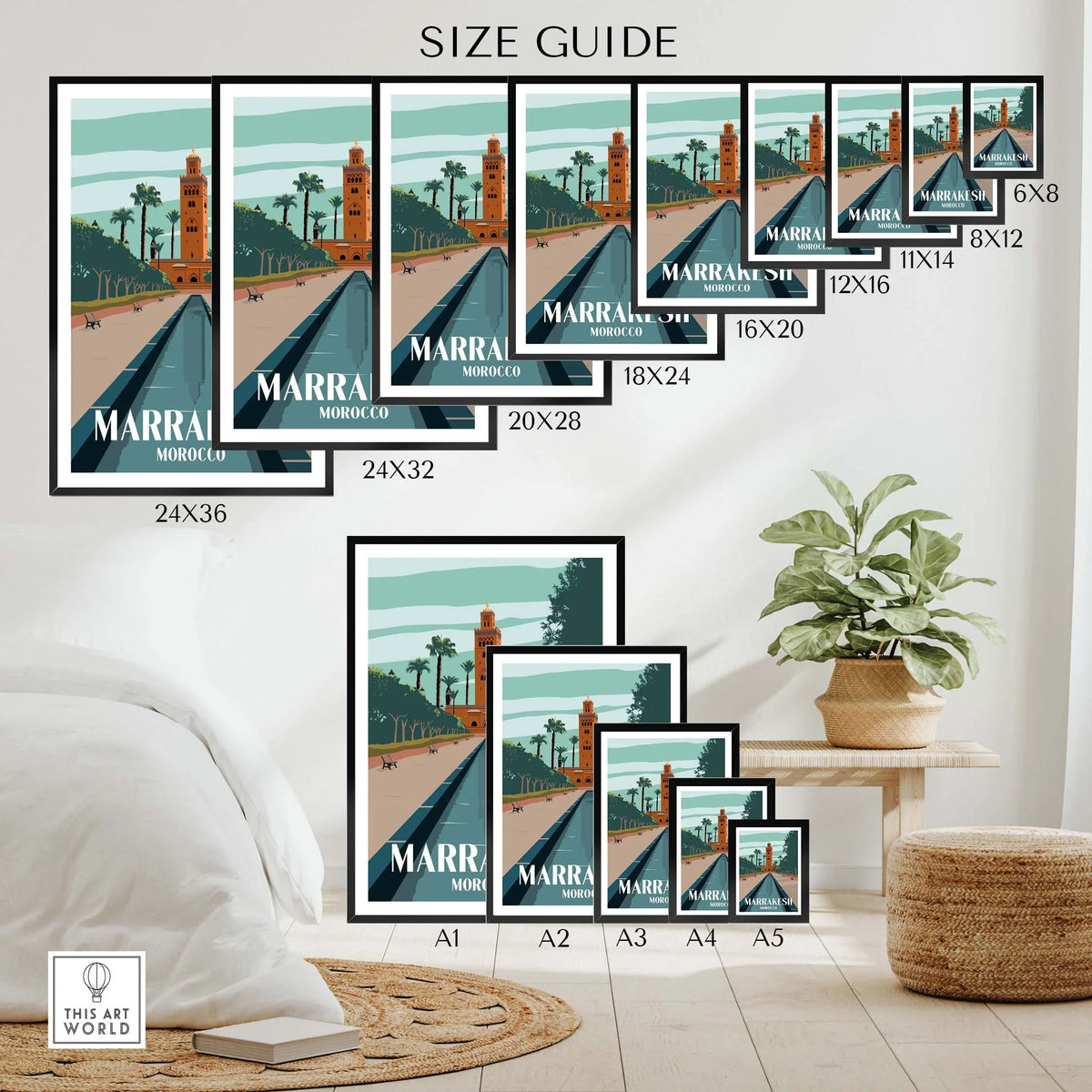 Size guide for Marrakesh Print Morocco Poster showcasing various frame sizes and styles in a stylish room.