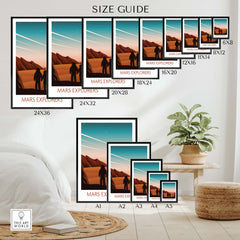 Size guide for Mars Poster Print featuring Mars Explorers in various frame sizes displayed in a stylish interior.