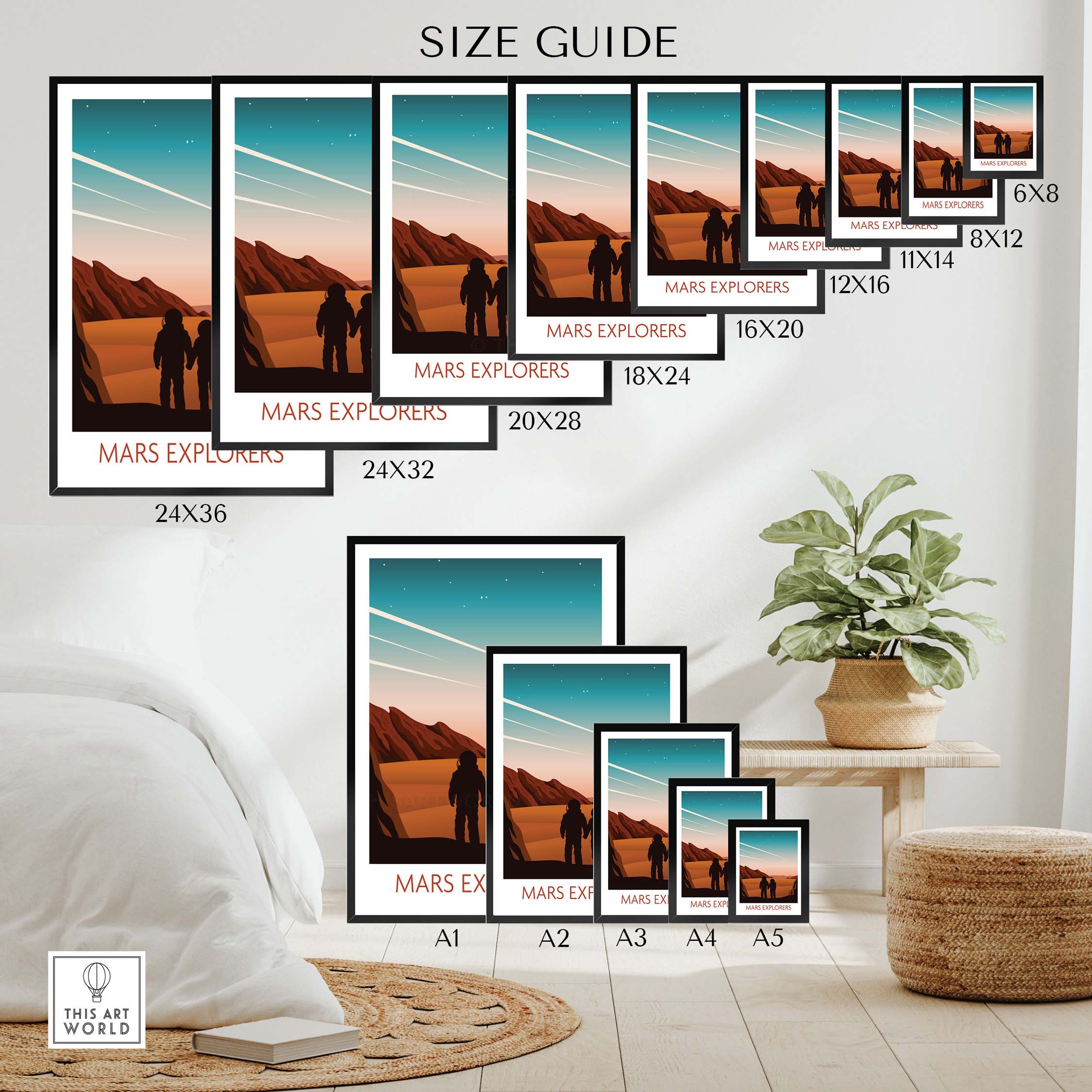 Size guide for Mars Poster Print featuring Mars Explorers in various frame sizes displayed in a stylish interior.