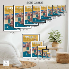 Size guide for Marseille Print France showcasing different frame sizes and styles for perfect wall art.