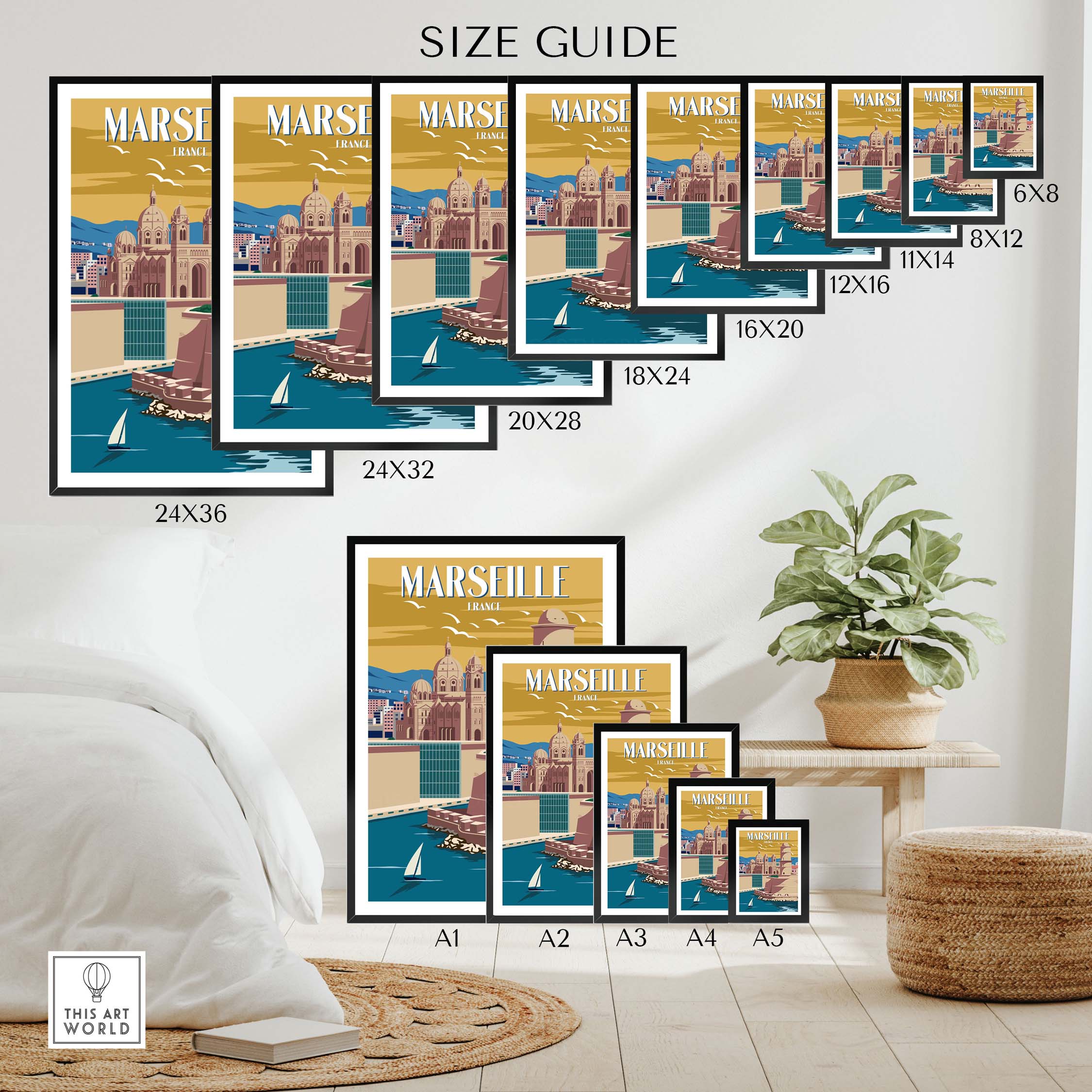Size guide for Marseille Print France showcasing different frame sizes and styles for perfect wall art.