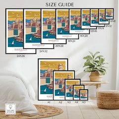 Size guide for Marseille poster prints showcasing various dimensions and framing options for art lovers.