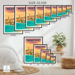 Size guide for Menton France vintage print posters in various dimensions and frames, showcasing stylish wall art options.