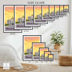 Size guide for Mexico City Print Poster Wall Art in various dimensions featuring Palacio de Bellas Artes.
