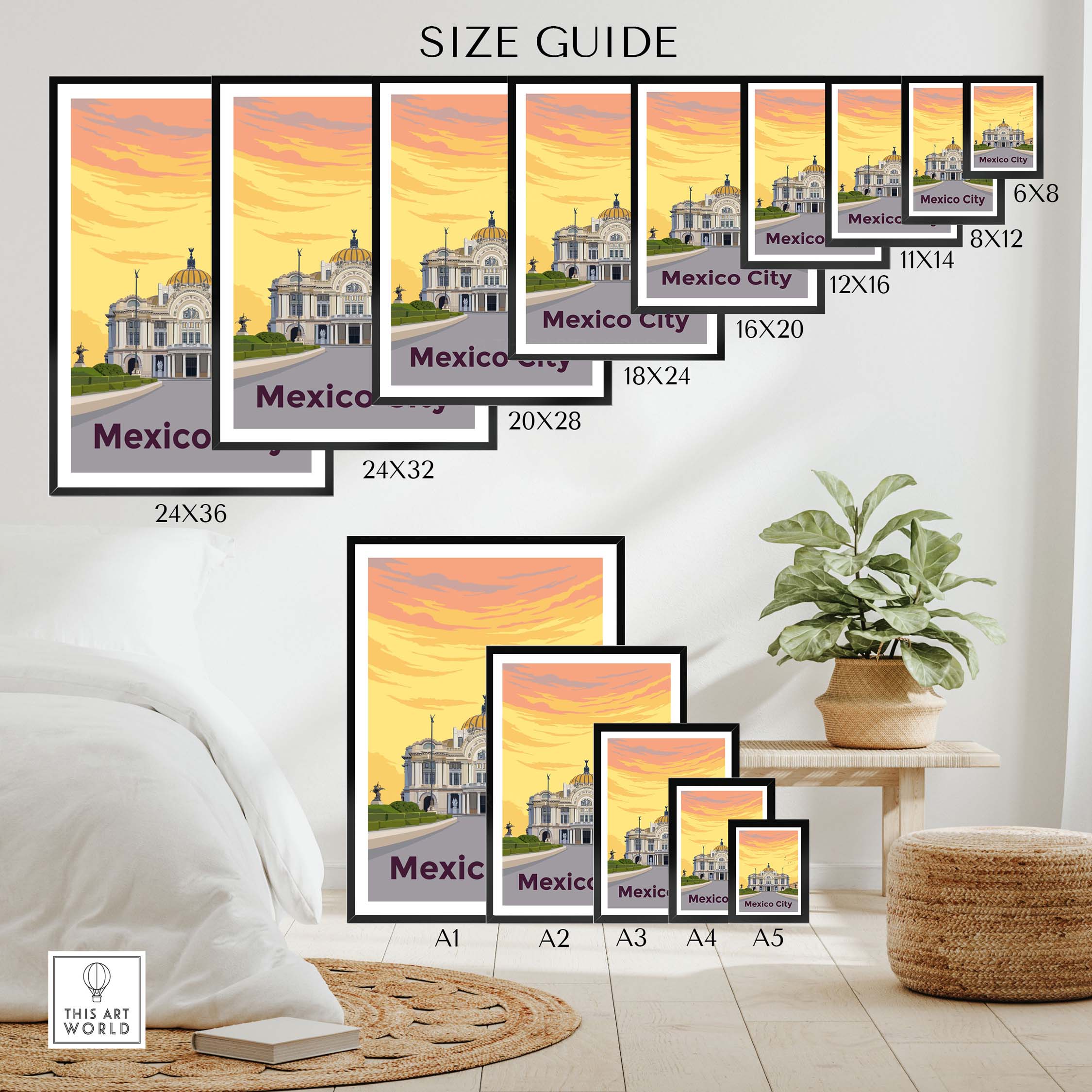 Size guide for Mexico City Print Poster Wall Art in various dimensions featuring Palacio de Bellas Artes.