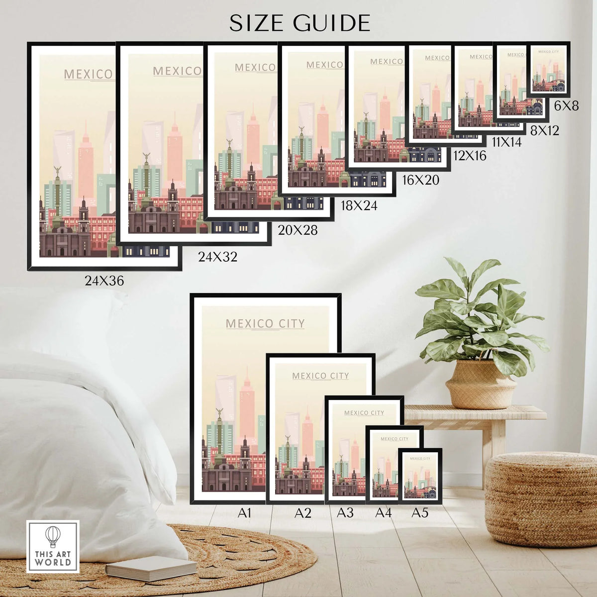 Size guide for Mexico City Skyline Wall Art Print in various dimensions, displayed in a cozy room setting.