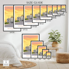 Size guide for Mexico City Poster Print showcasing different frame sizes and designs for home decor.