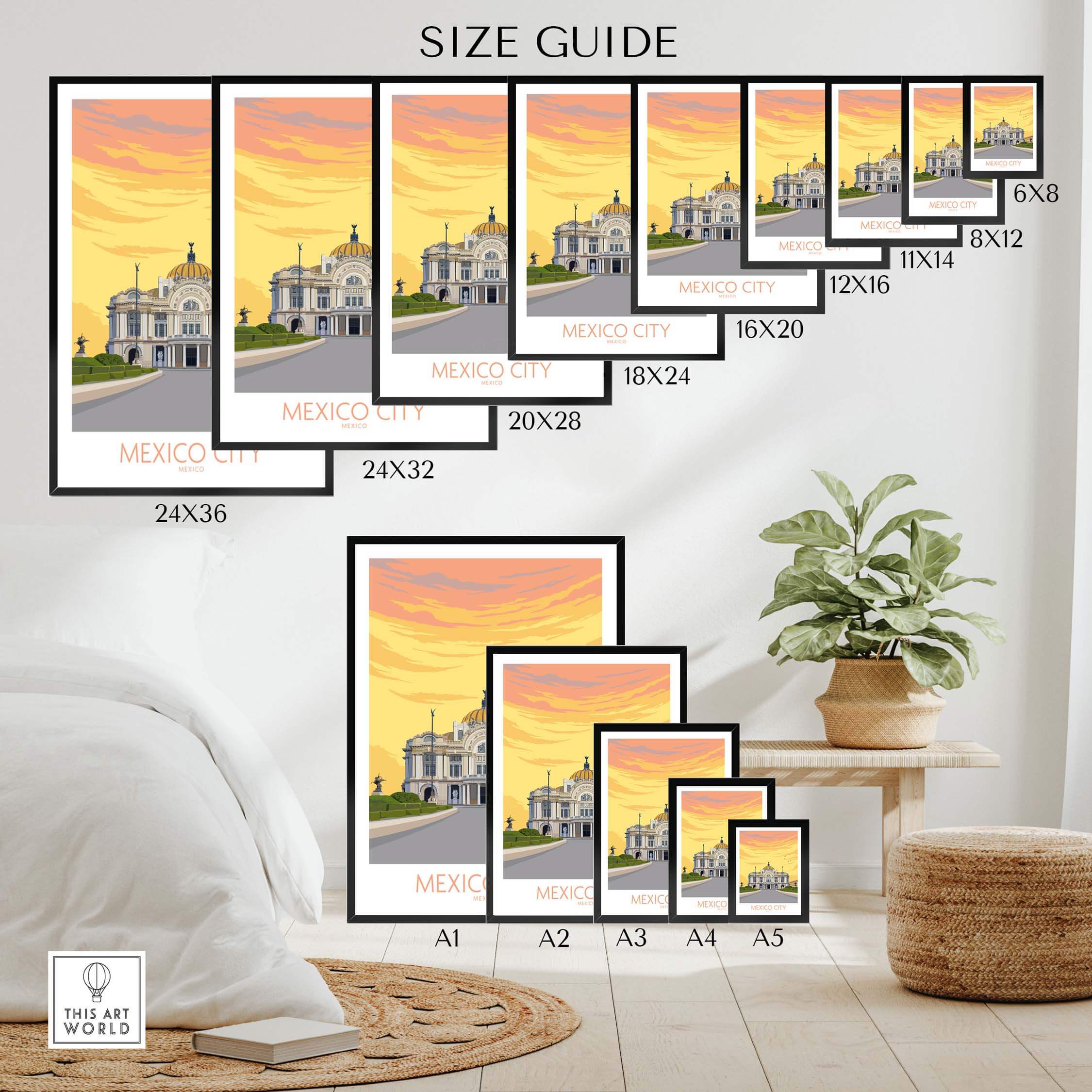 Size guide for Mexico City Poster Print showcasing different frame sizes and designs for home decor.