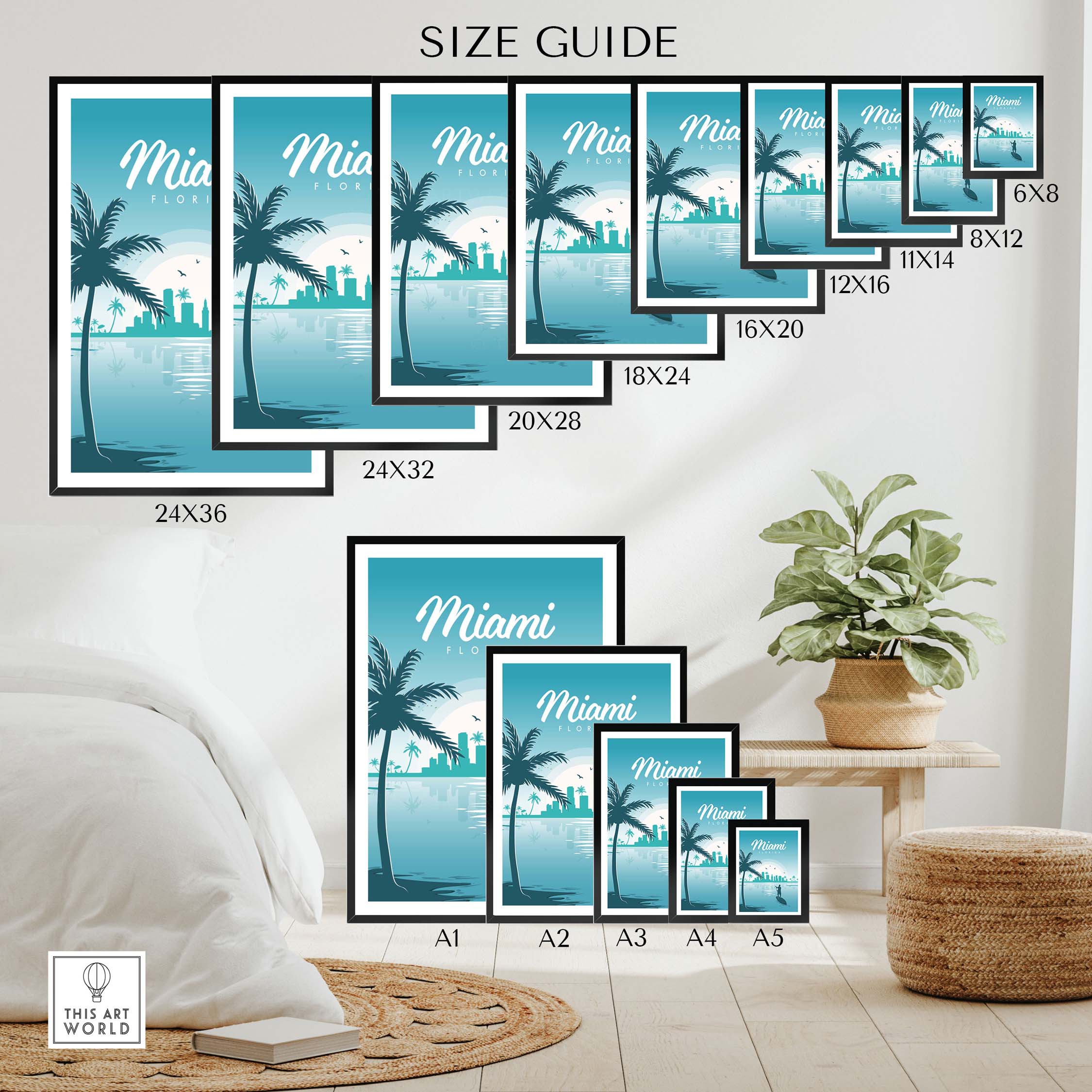 Miami Poster Wall Art Print size guide showing various frame options for stylish home decor.