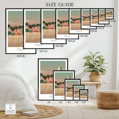 Miami Wall Art Poster Print size guide showcasing various sizes for framed or unframed decor in a stylish setting.