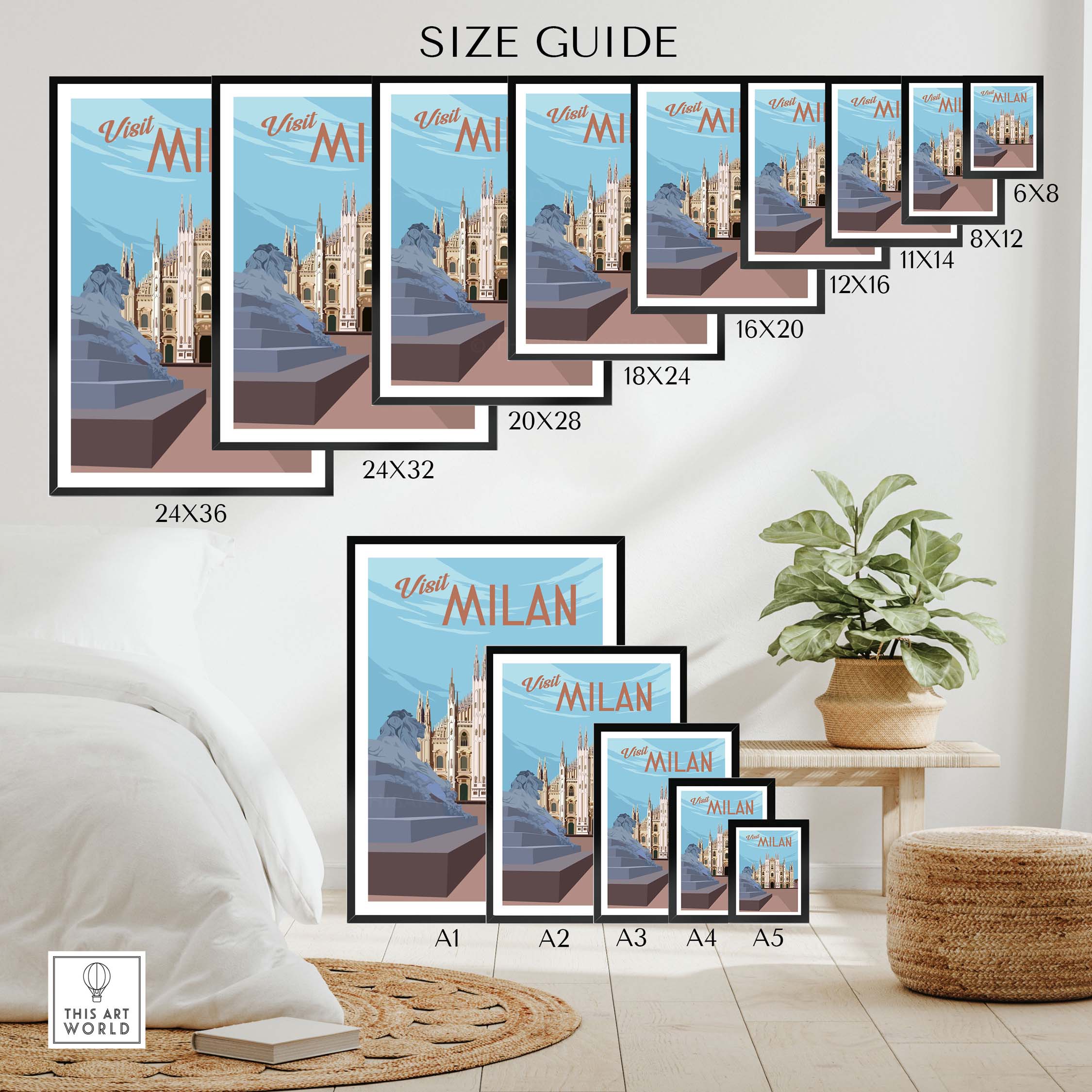 Size guide for Milan vintage print poster wall art in various frame sizes displayed in a cozy living room setting.