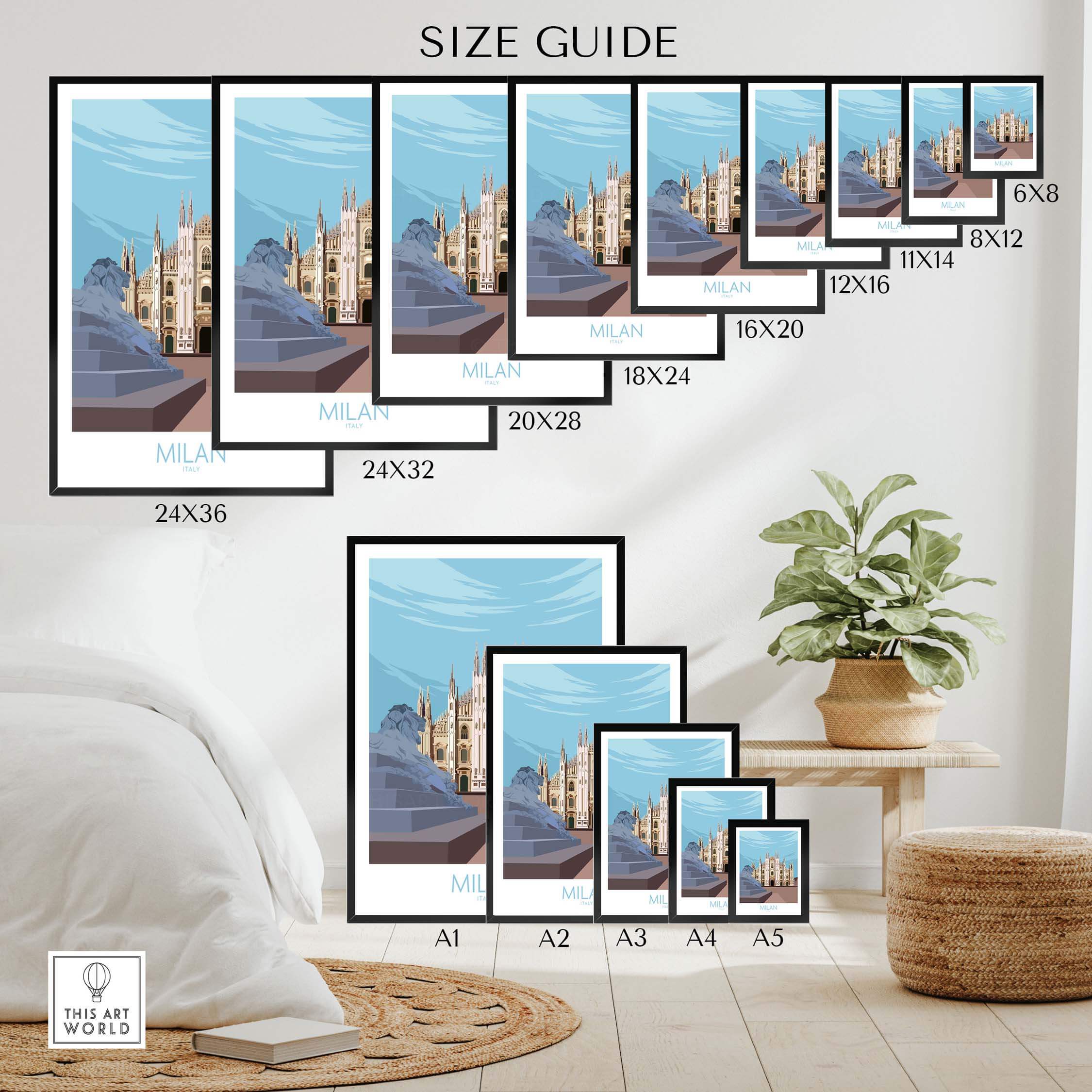 Milan Print Italy Poster size guide showing various frame sizes for travel wall art.