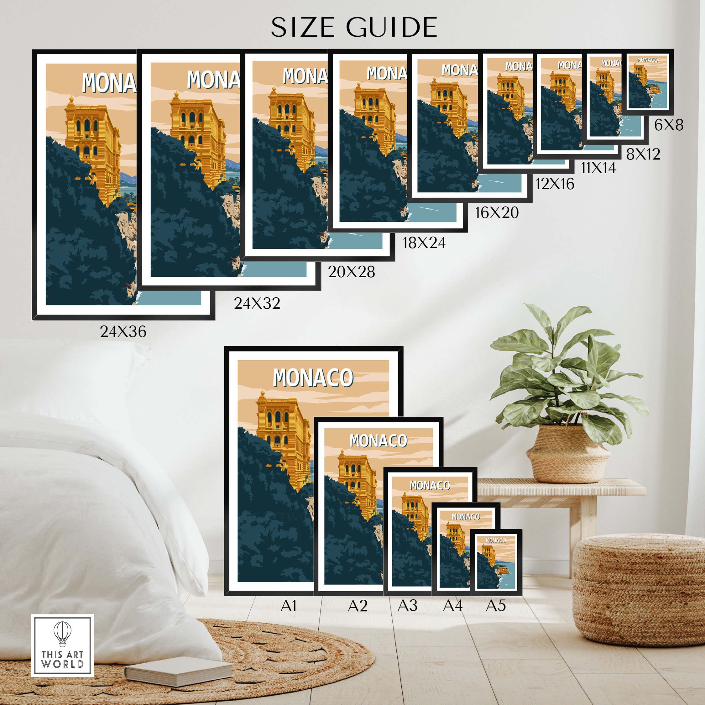 Monaco Wall Art Print size guide showcasing various frame sizes in a stylish interior setting.