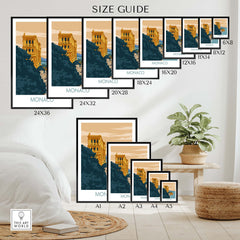 Size guide for Monaco Poster Print showcasing different frame sizes and styles for home decor.