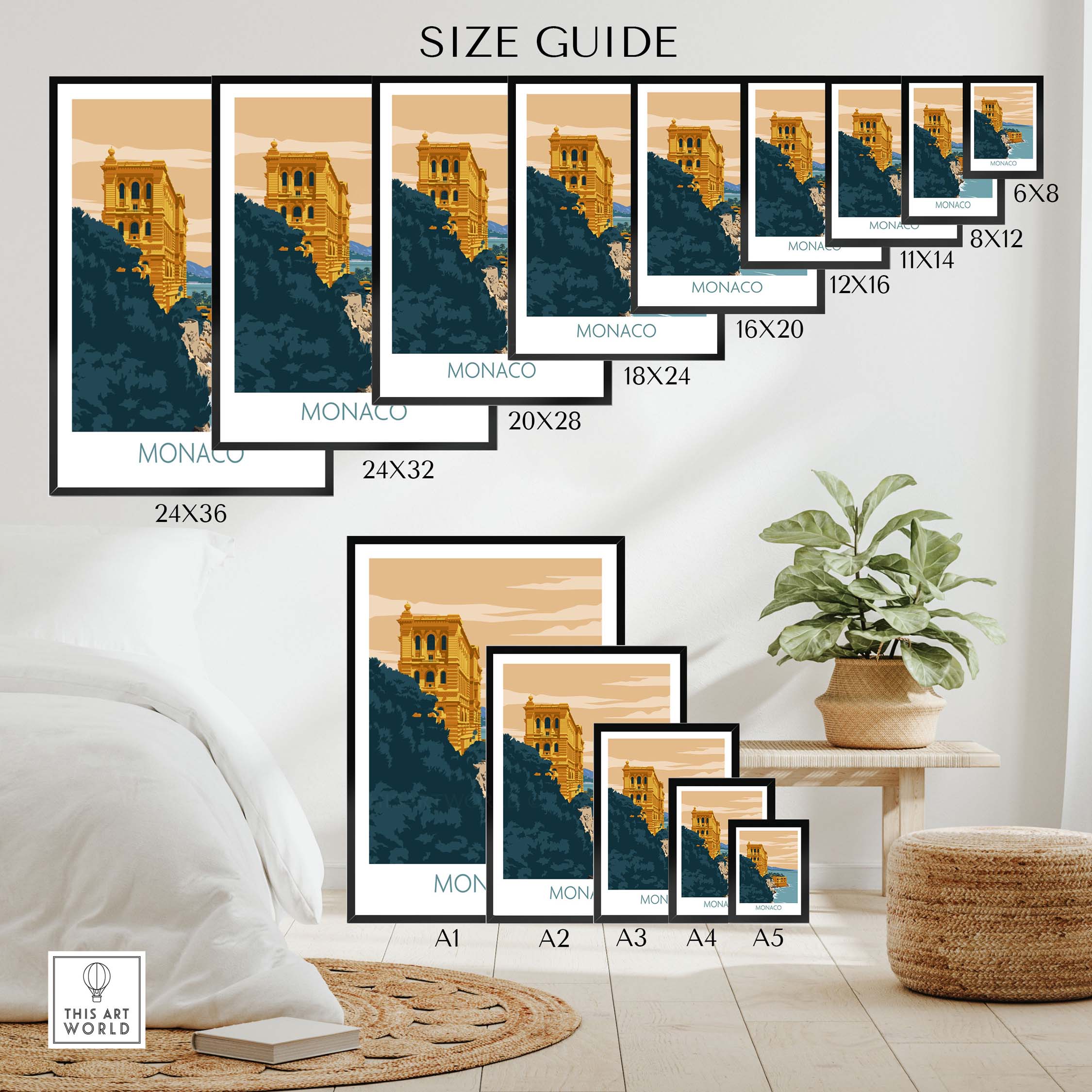 Size guide for Monaco Poster Print showcasing different frame sizes and styles for home decor.