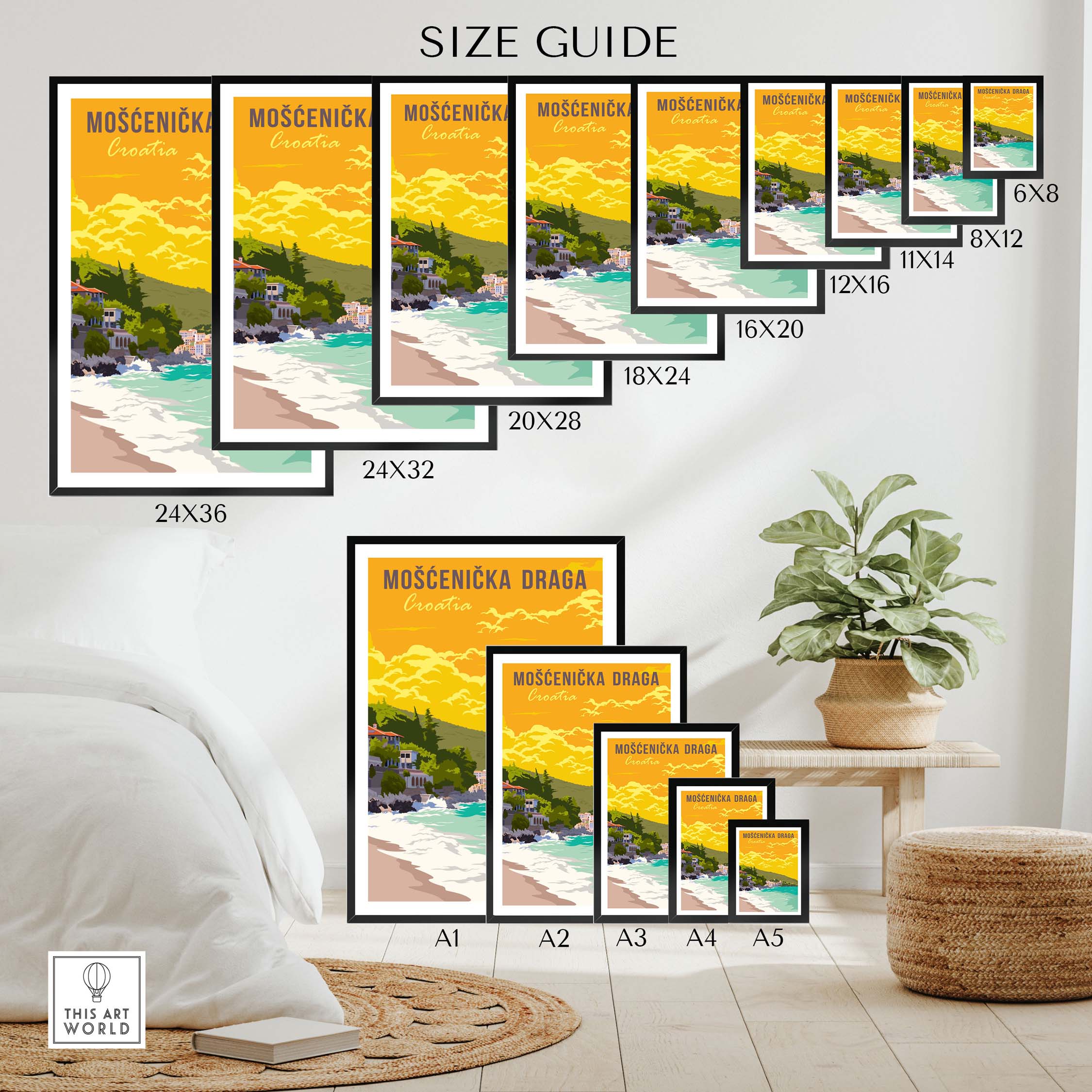 Size guide for Mošćenička Draga Croatia poster print showing various frame sizes.
