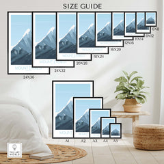 Size guide for Mount Everest print travel poster showing various frame sizes available for purchase.