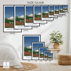 Size guide for Mount Rainier National Park art prints, showcasing various frame sizes and styles.