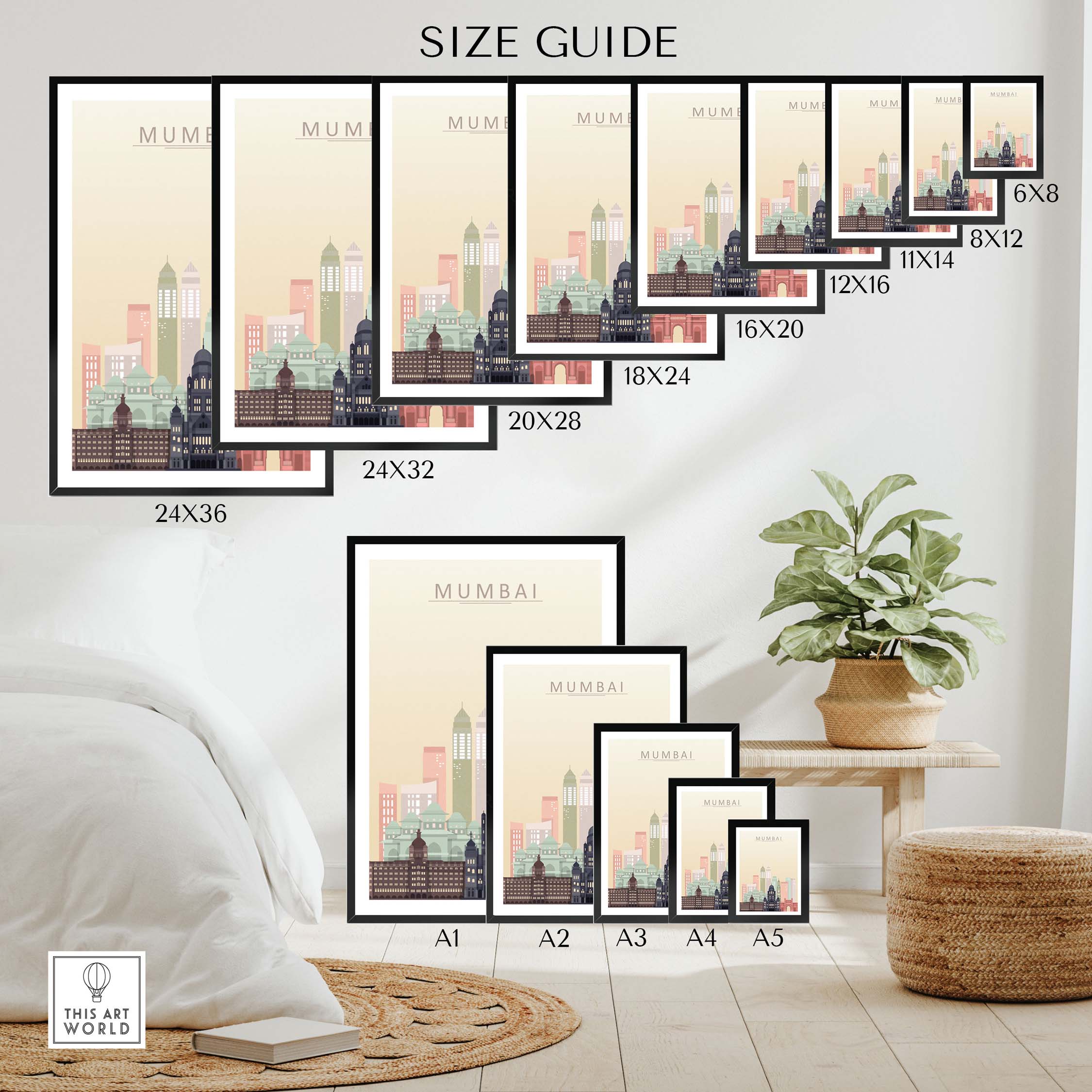 Size guide for Mumbai Skyline Wall Art Print showcasing various frame sizes and dimensions.