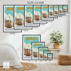 Size guide for Munich Germany Print showcasing various frame sizes and a stylish home decor setting.