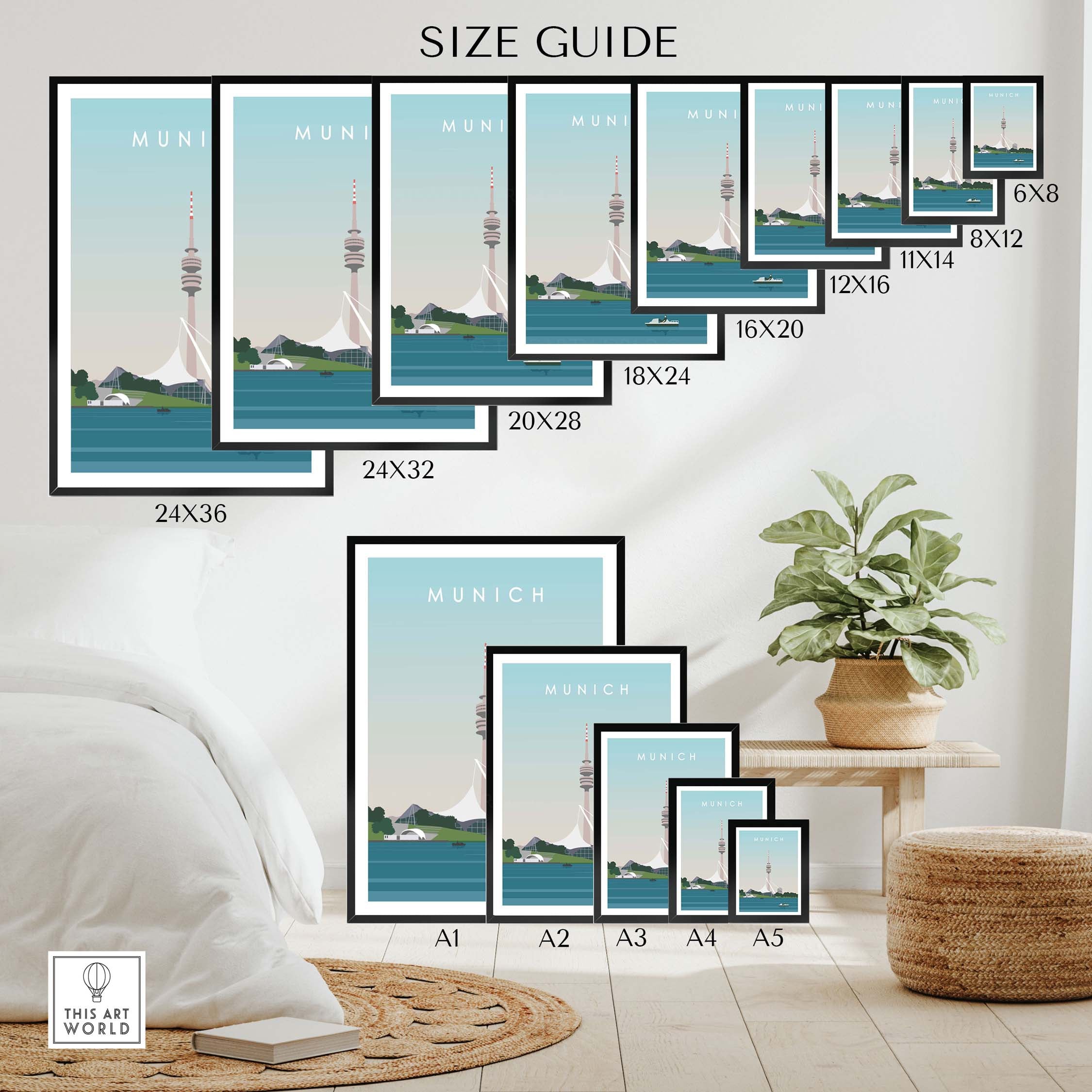 Size guide for Munich Print Travel Poster in various frame sizes displayed in a stylish indoor setting.