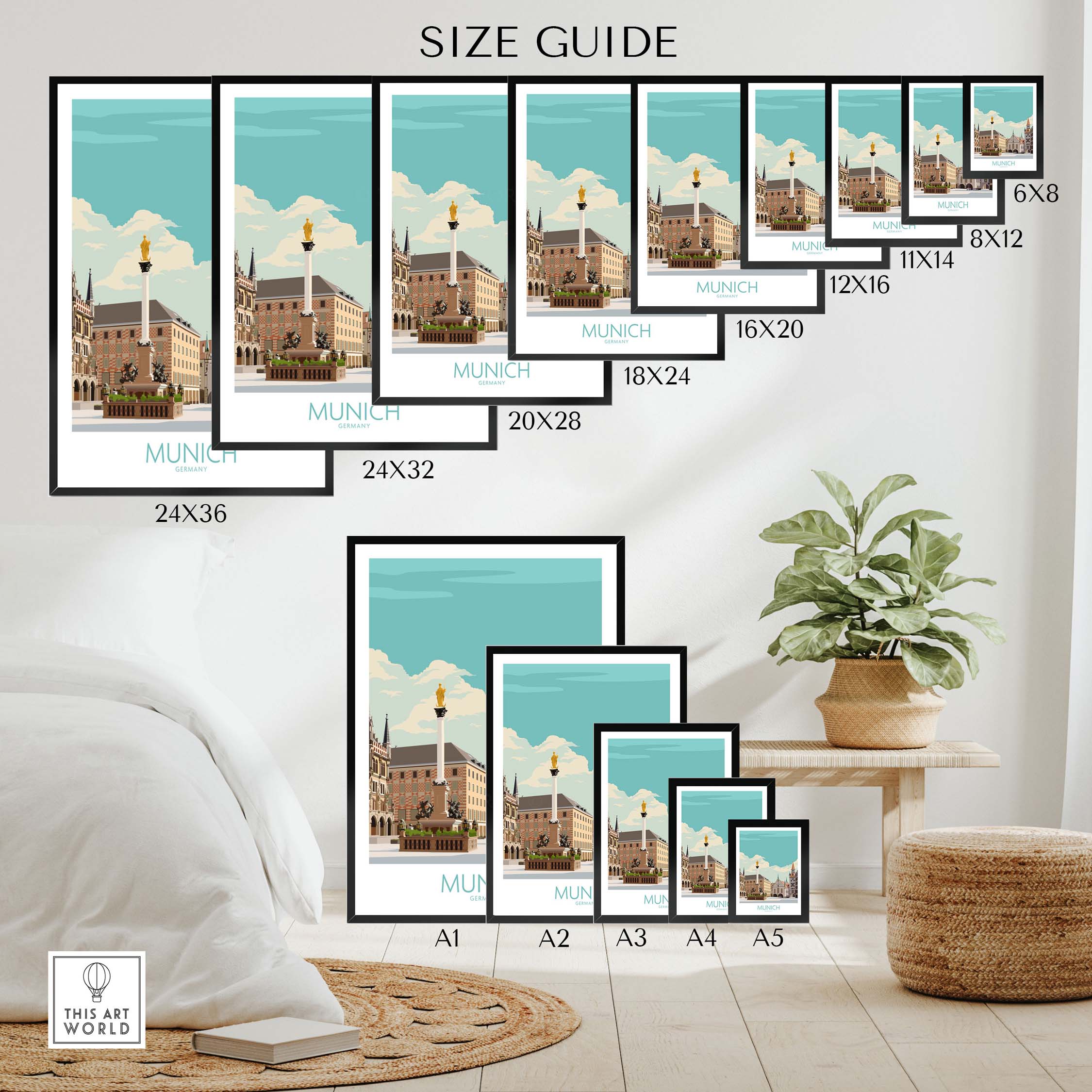 Munich Poster size guide displaying various frame options for stylish wall art with nostalgic travel design.