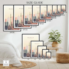 Size guide for Munich Skyline Print wall art showcasing various frame sizes and designs in a stylish interior setting.