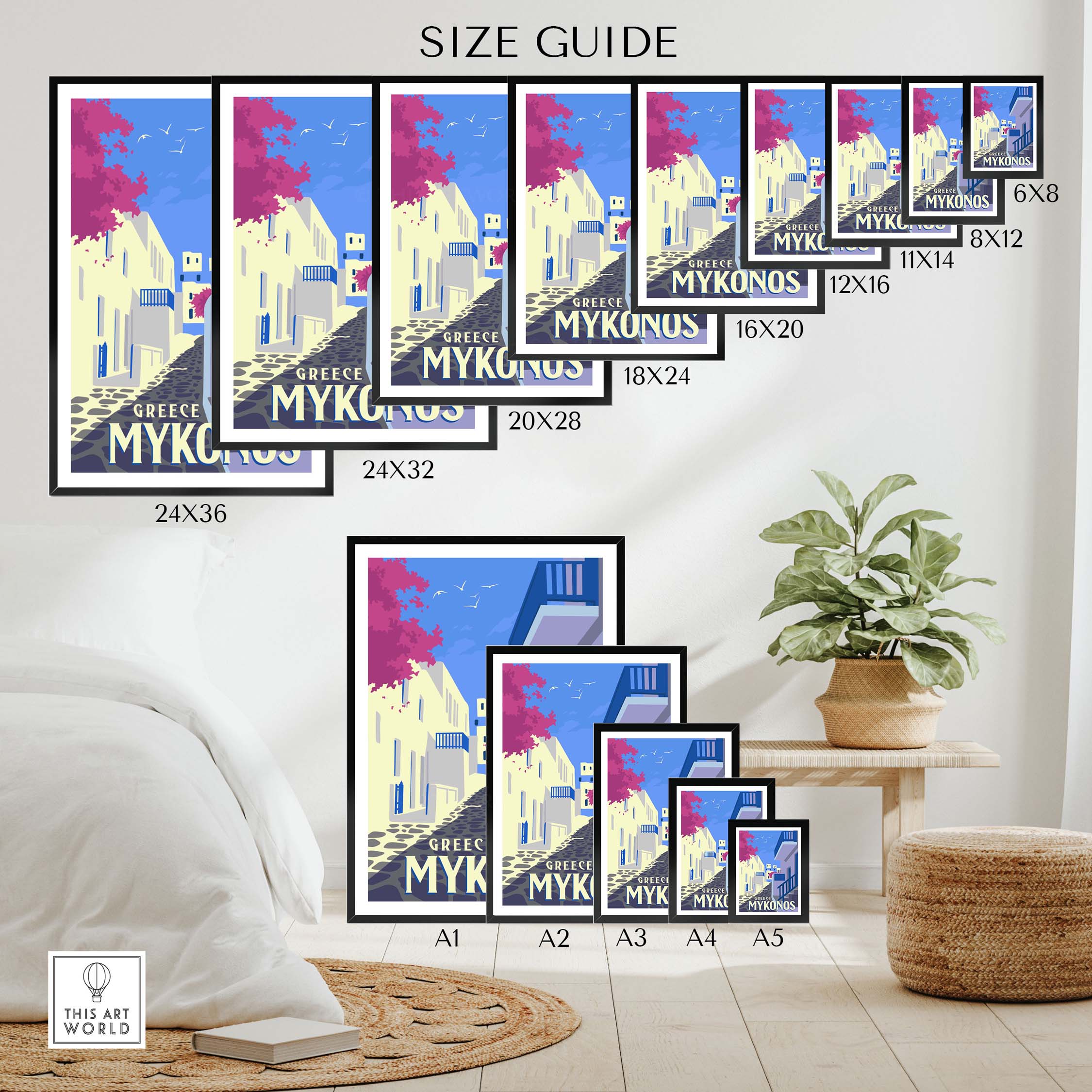 Mykonos Poster Wall Art Print size guide showing various frame dimensions for stylish home decor.