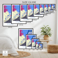 Size guide for Mykonos Print Travel Poster showcasing various frame sizes and dimensions.