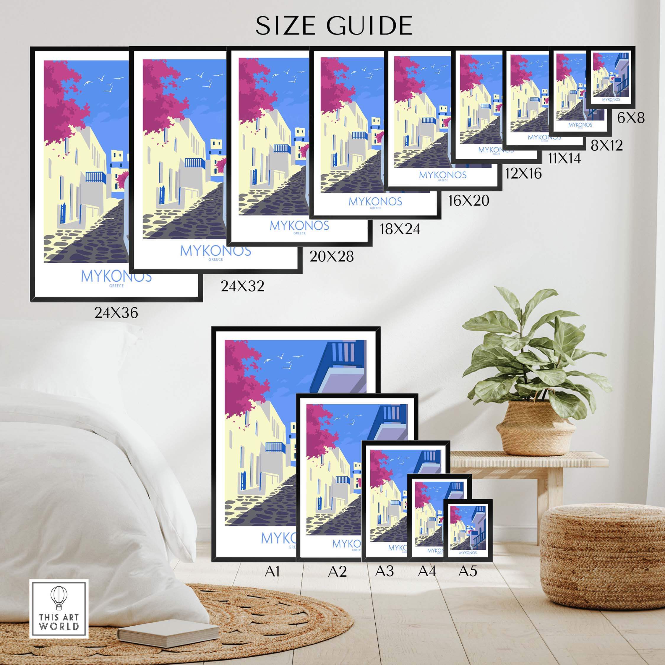 Size guide for Mykonos Print Travel Poster showcasing various frame sizes and dimensions.