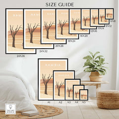 Size guide for Namibia Print Dunes poster showing various frame sizes and layout options in a stylish room.