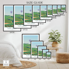 Size guide for Napa Valley print artwork showcasing various frame sizes and vintage travel design.