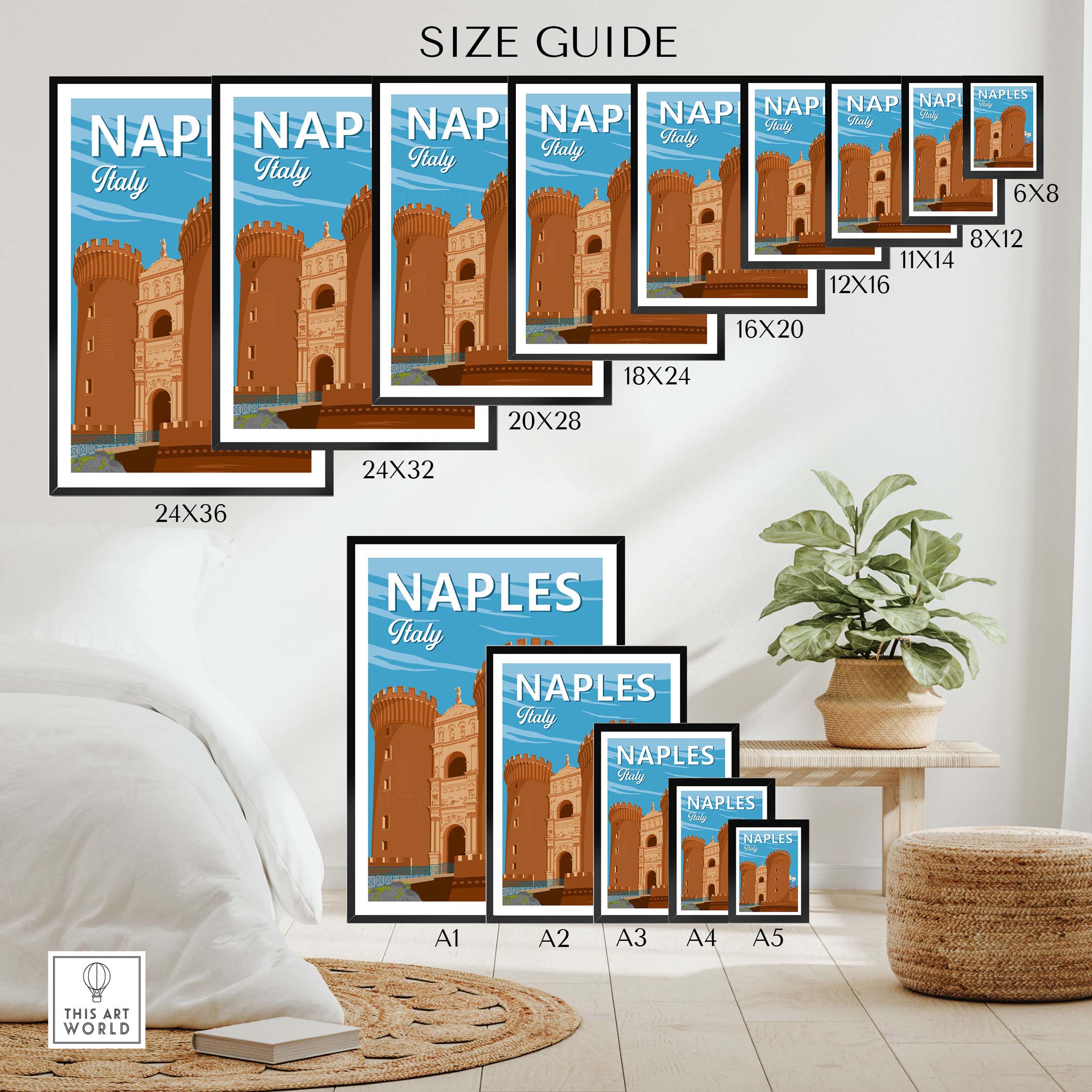 Size guide for Naples Italy print showcasing various frame dimensions and styles in a stylish interior setting.