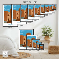 Size guide for Naples Italy poster showcasing various print sizes and frame options in a stylish interior setting.