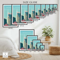 Size guide for Nashville Art Print showcasing various frame sizes and styles for stylish wall art.