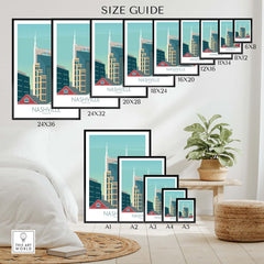 Size guide displaying Nashville Poster prints in various dimensions, showcasing vintage travel art for home decor.